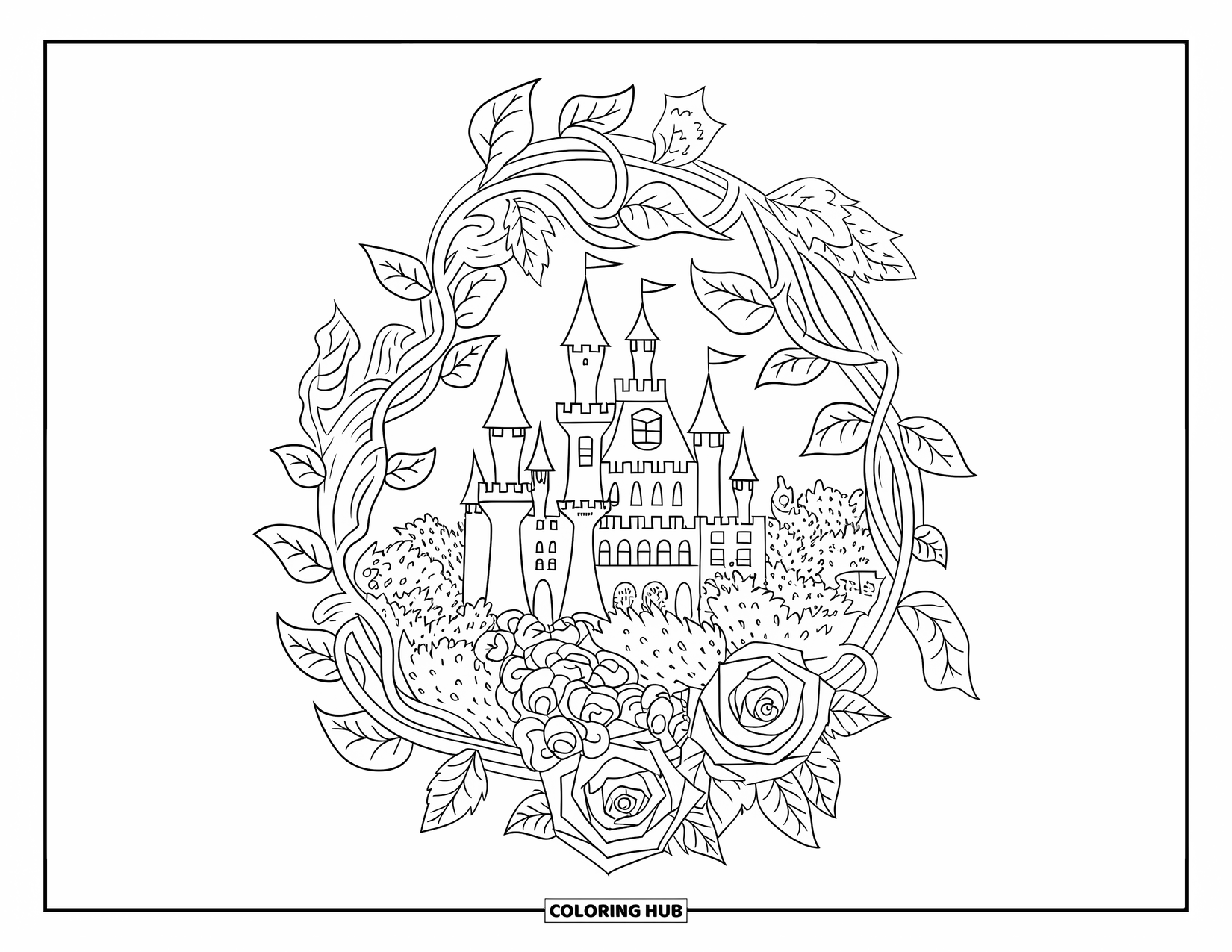 Princess Castle Coloring Page for Adults: A castle is surrounded by twisting vines and detailed roses in bold outlines