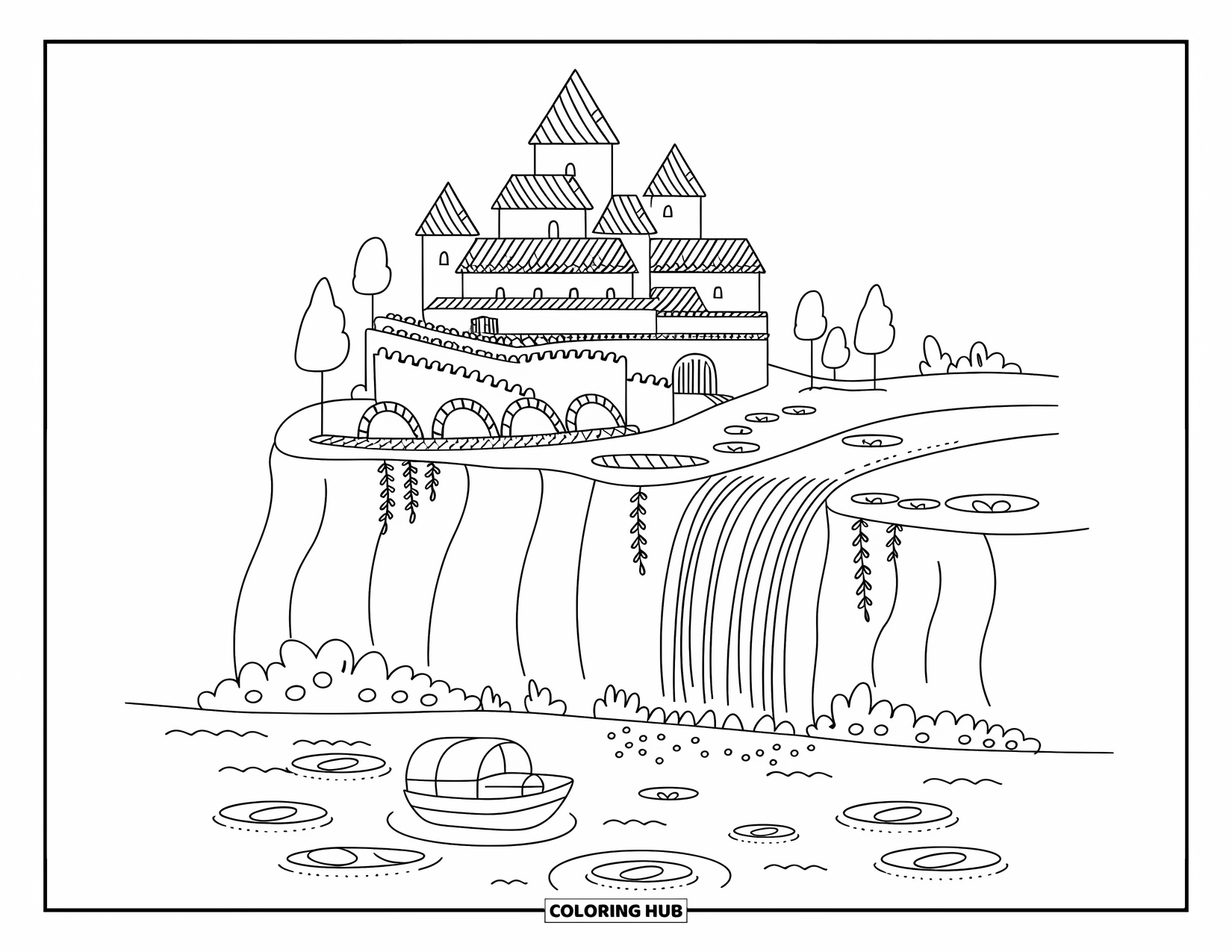 Princess Castle Coloring Page for Adults: A castle on a cliff rises above a waterfall, pond, and tiny boat