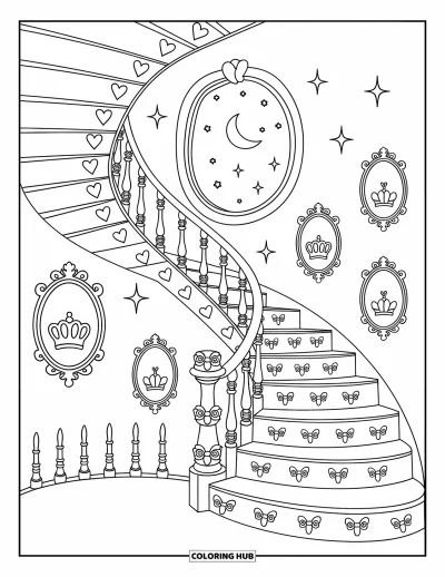 Coloriage de château de princesse pour adultes : Un escalier de château monte en spirale avec des roses, des bougies et des portraits sur les murs