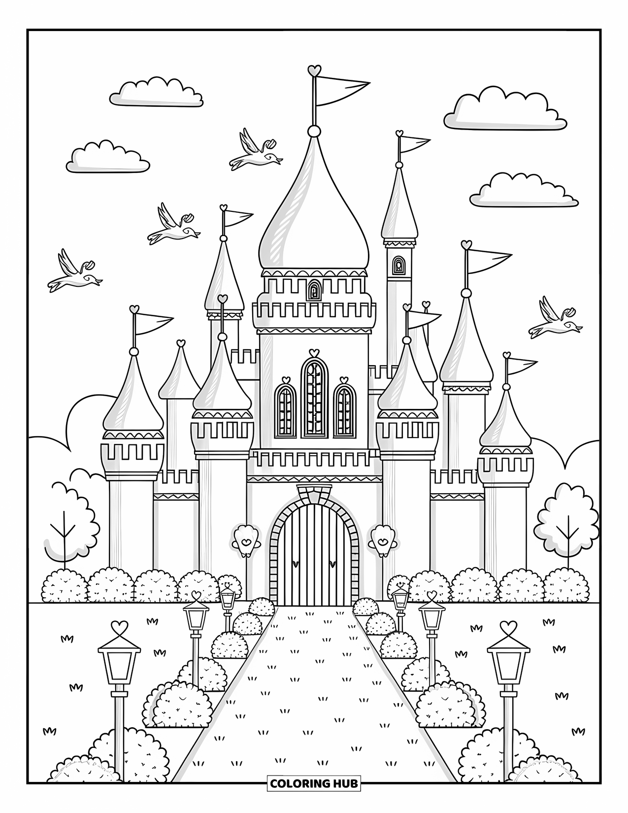 Princess Castle Coloring Page for Adults: A castle with domes and spires welcomes visitors with heart-shaped lamps and star bushes