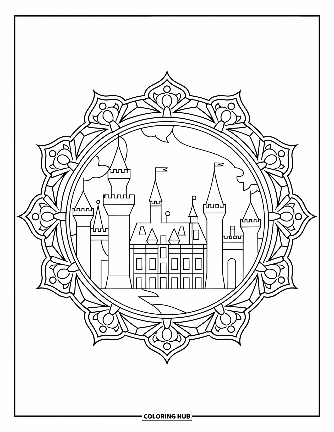 Princess Castle Coloring Page for Adults: A castle with pointed roofs rests in the center of a floral mandala