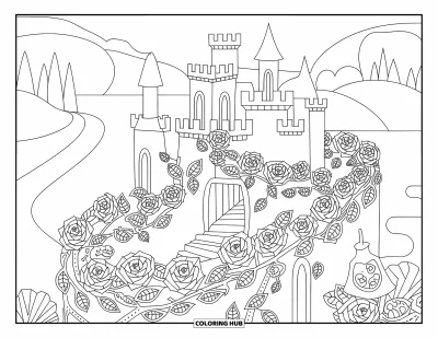 Coloriage de château de princesse pour adultes : Un château avec des tours et un pont-levis est entouré de roses et de lianes