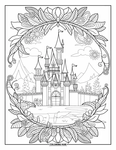 Coloriage de château de princesse pour adultes : Un château avec des tours et un pont-levis est cerclé d'un cadre de mandala floral