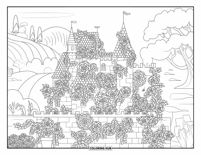 Coloriage de château de princesse pour adultes : Un château avec des tours et des remparts est recouvert de lianes, de roses et de pots à proximité