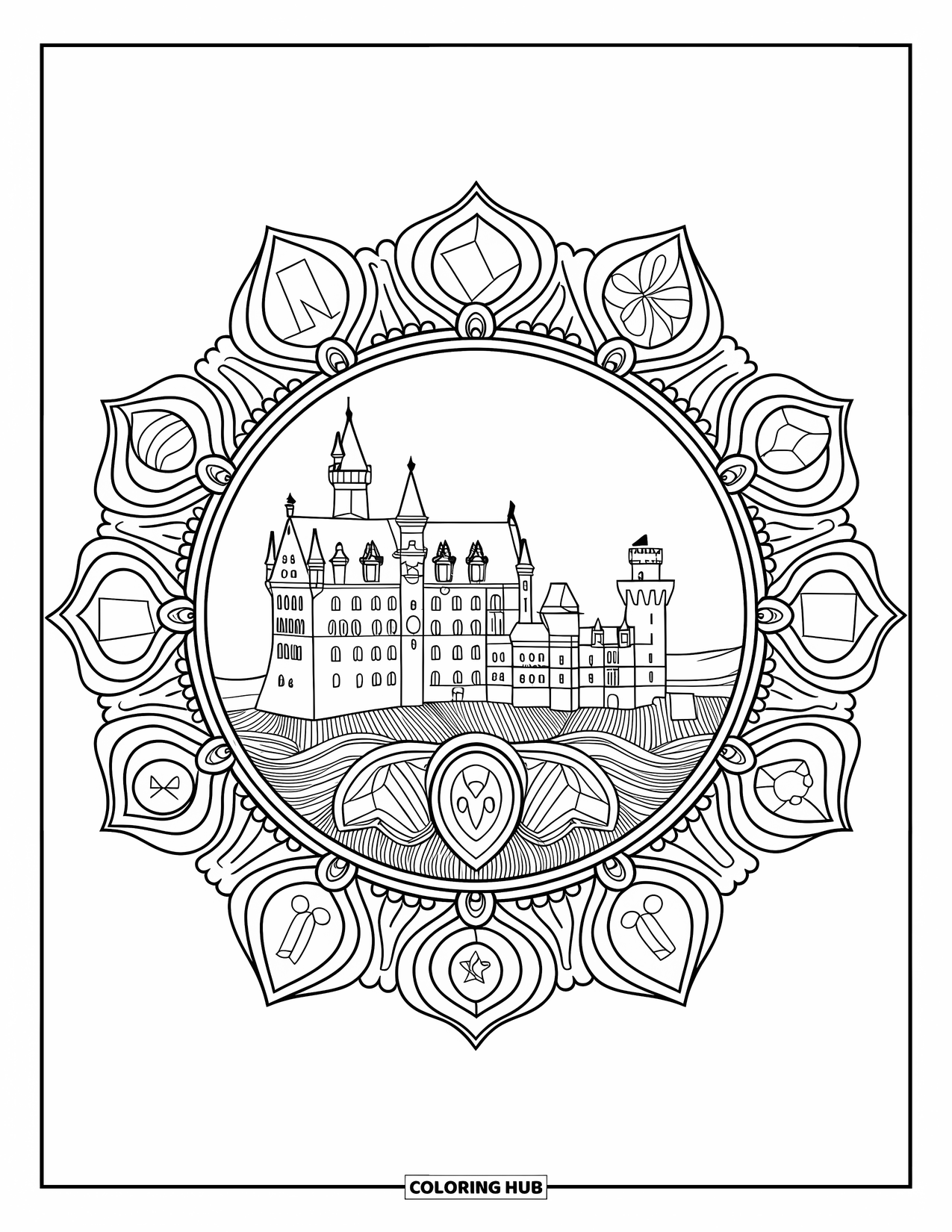 Princess Castle Coloring Page for Adults: A castle with towers is framed by a circular mandala filled with patterns