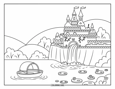 Coloriage de château de princesse pour adultes : Un château en falaise avec des ponts et des lianes domine un étang aux nénuphars