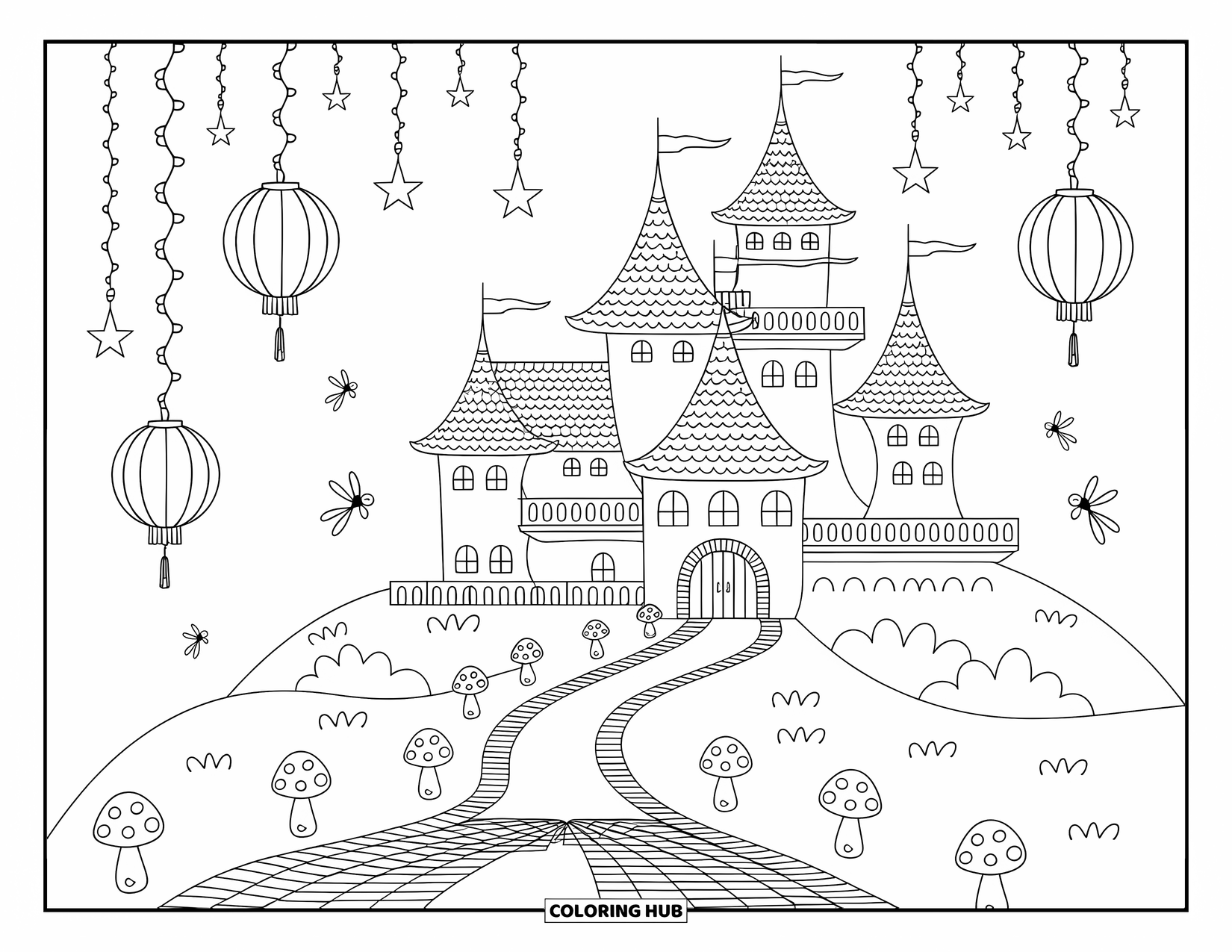 Princess Castle Coloring Page for Adults: A cozy castle scene sparkles with lanterns, fireflies, and ribbon-tied stars