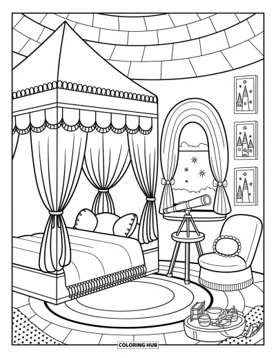 Coloriage de château de princesse pour adultes : Une chambre douillette dans une tour avec un lit à baldaquin, des livres et un télescope près de la fenêtre