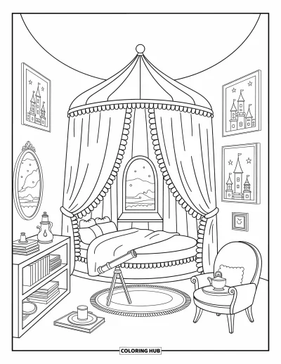Coloriage de château de princesse pour adultes : Une chambre douillette dans une tour avec un lit à baldaquin, des bibelots et une vue étoilée