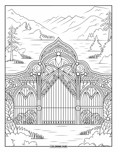 Coloriage de château de princesse pour adultes : Un portail de château ornemental avec des arches est mis en scène contre des vitraux tourbillonnants