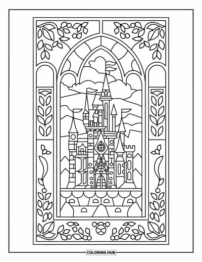 Coloriage de château de princesse pour adultes : Un château détaillé figure dans un vitrail entouré de bordures fleuries