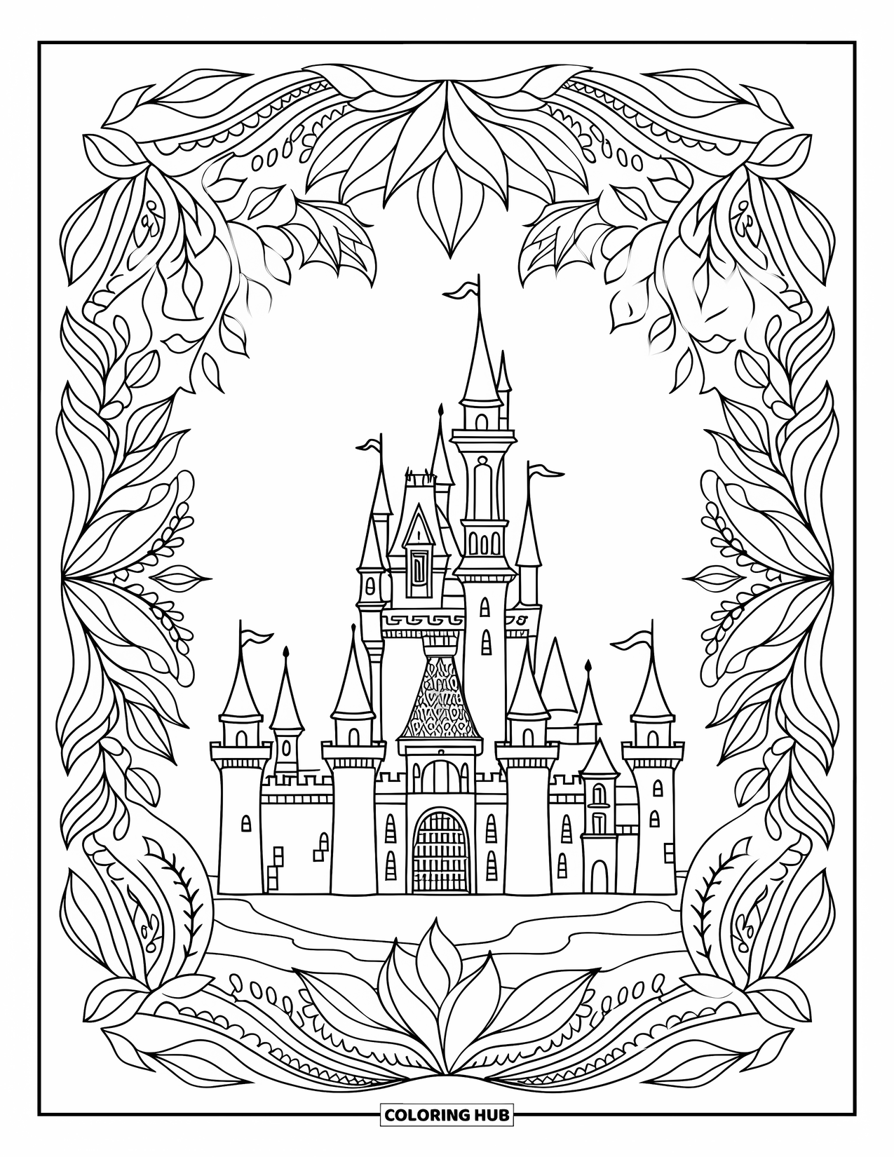 Princess Castle Coloring Page for Adults: A fairytale castle with soaring towers is framed by a botanical mandala