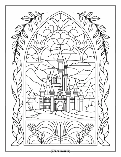 Coloriage de château de princesse pour adultes : Un château fantastique est centré dans un vitrail avec des bordures florales