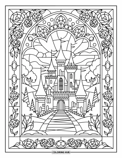 Coloriage de château de princesse pour adultes : Un château fantastique avec des tours et des douves brille dans un cadre de vitrail