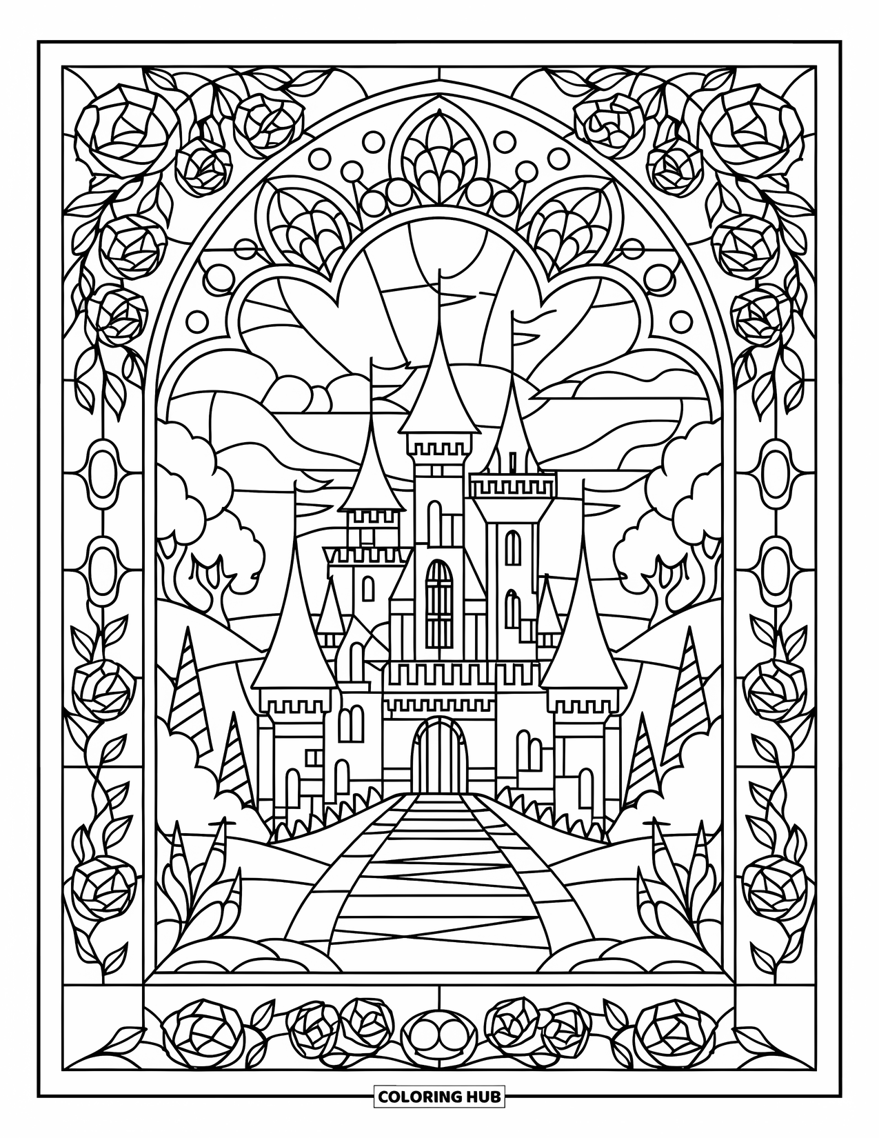 Princess Castle Coloring Page for Adults: A fantasy castle with towers and moat shines in a stained glass window frame