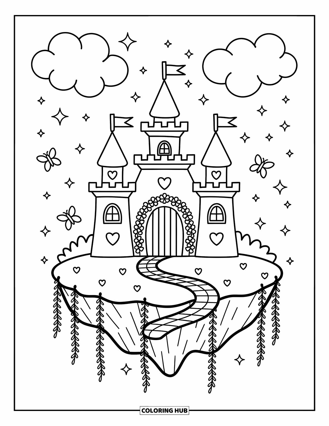 Princess Castle Coloring Page for Adults: A floating island castle with star flags and heart-shaped windows glows with charm