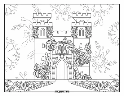 Coloriage de château de princesse pour adultes : Un château gothique est enveloppé d'un treillis floral couvrant ses tours et ses murs