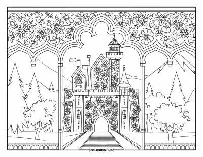Coloriage de château de princesse pour adultes : Un château gothique avec de hautes tours s'inscrit dans un treillis floral et un décor de montagne