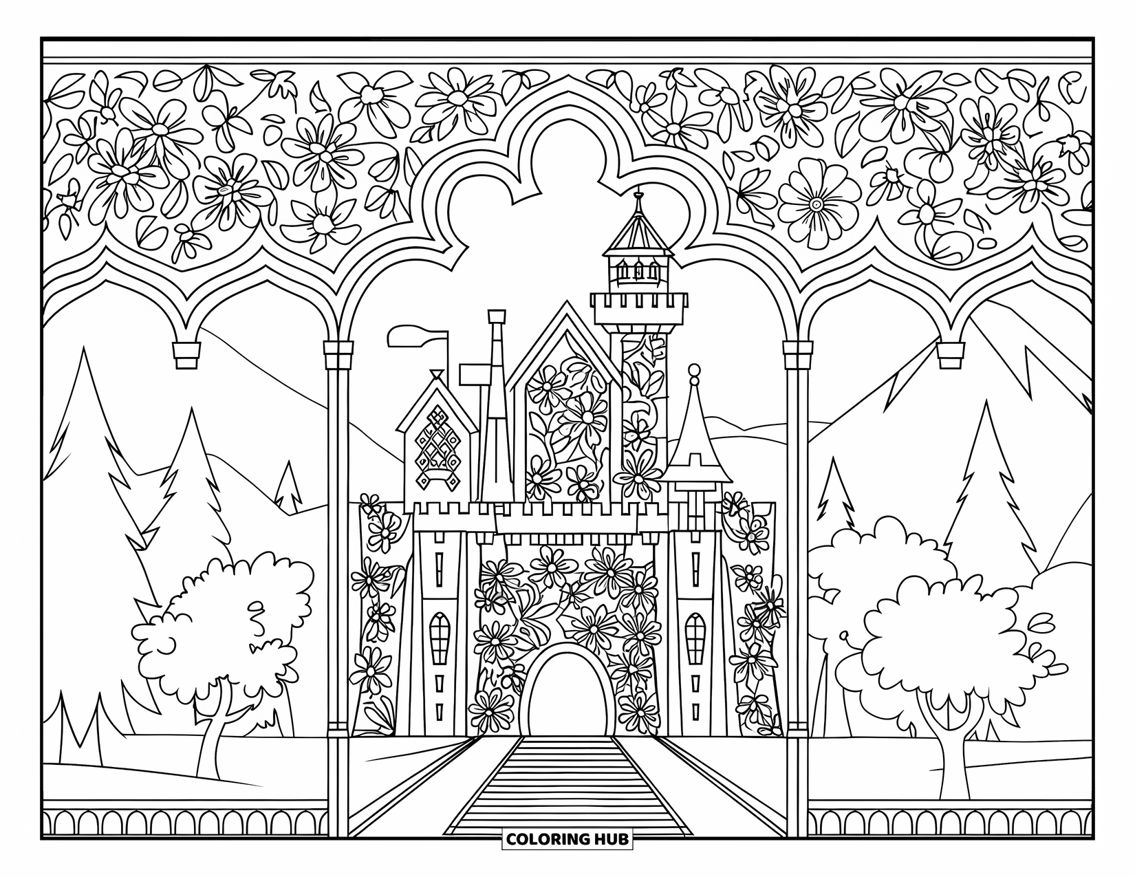Princess Castle Coloring Page for Adults: A gothic castle with tall towers sits within floral latticework and mountain scenery