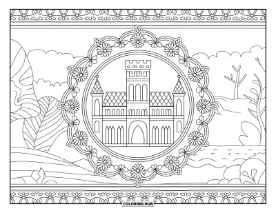 Coloriage de château de princesse pour adultes : Un château gothique avec des tours et des arches est encadré par un treillis floral et des collines
