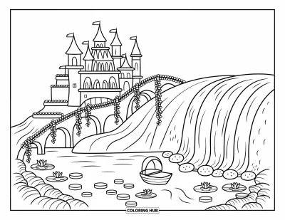 Coloriage de château de princesse pour adultes : Un château de princesse sur une falaise brille au-dessus d'une cascade et d'un étang paisible