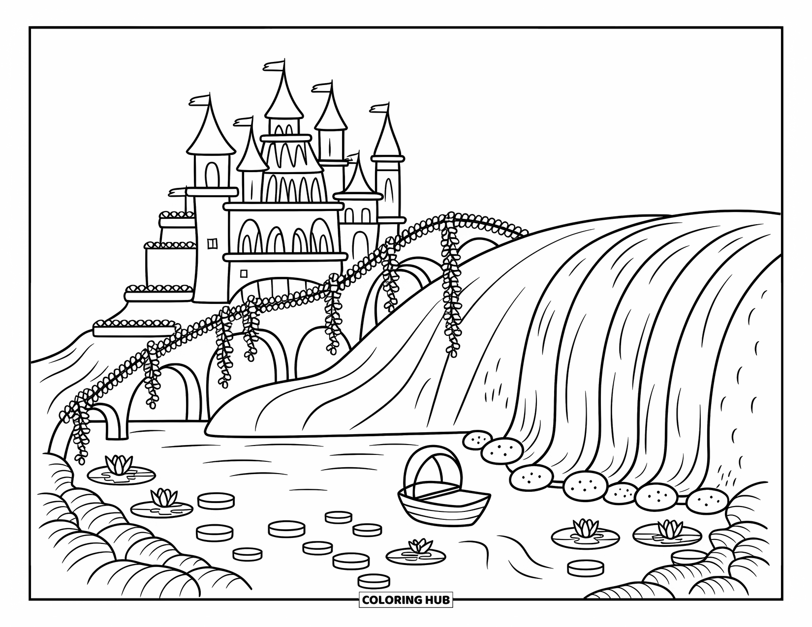 Princess Castle Coloring Page for Adults: A princess castle on a cliff shines above a waterfall and peaceful pond