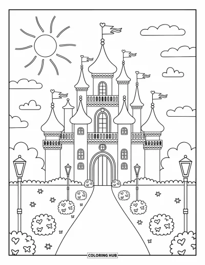 Coloriage de château de princesse pour adultes : Un château de princesse s'élève avec des dômes et des flèches sous des nuages et des oiseaux en vol