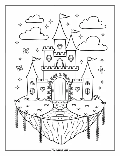 Coloriage de château de princesse pour adultes : Un château de princesse se dresse au sommet d'une île flottante entourée de nuages et d'étoiles