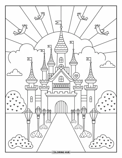 Coloriage de château de princesse pour adultes : Un château avec des dômes et des flèches brille sous un soleil levant