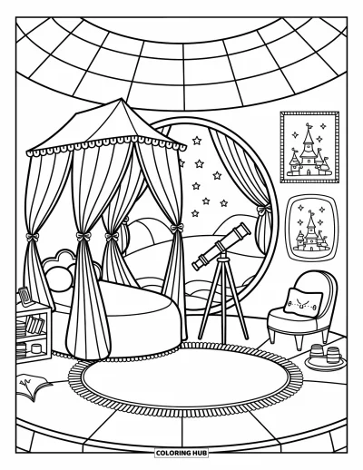 Coloriage de château de princesse pour adultes : Une chambre ronde dans une tour avec un lit à baldaquin, des livres et une vue depuis un télescope