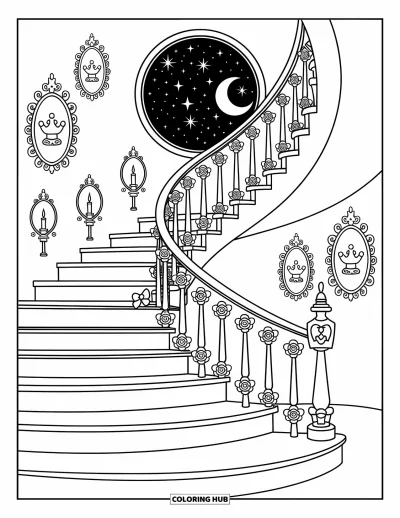 Coloriage de château de princesse pour adultes : Un escalier en spirale orné de roses, de rubans et d'une fenêtre baignée de clair de lune