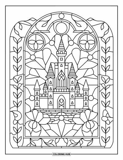 Coloriage de château de princesse pour adultes : Un grand château en vitrail est encadré par des formes géométriques et des fleurs
