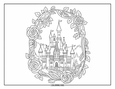 Coloriage de château de princesse pour adultes : Un grand château avec des tours est enveloppé de lianes sinueuses et de roses en fleurs
