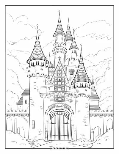 Coloriage de château de princesse pour adultes : Un grand château de conte de fées avec des ponts en arcade se dresse parmi la verdure et les arbres