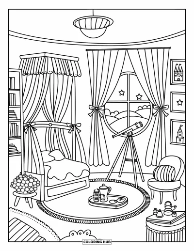 Coloriage de château de princesse pour adultes : Une chambre dans une tour avec un lit à baldaquin, des livres et un télescope près de la fenêtre