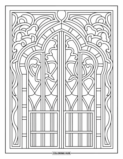 Coloriage de château de princesse pour adultes : Un portail de château ouvragé est encadré par des motifs de vitraux tourbillonnants
