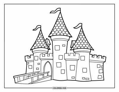 Coloriage de château de princesse pour enfants : Un château animé avec des toits, des douves et une tour de guet