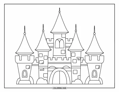 Coloriage de château de princesse pour enfants : Un château animé avec des toits, des tours et un pont-levis
