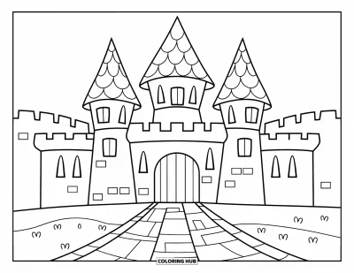 Coloriage de château de princesse pour enfants : Un château animé avec trois toits et des douves