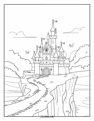 Coloriage de château de princesse pour enfants : Un château sur une falaise avec un sentier sinueux et des oiseaux