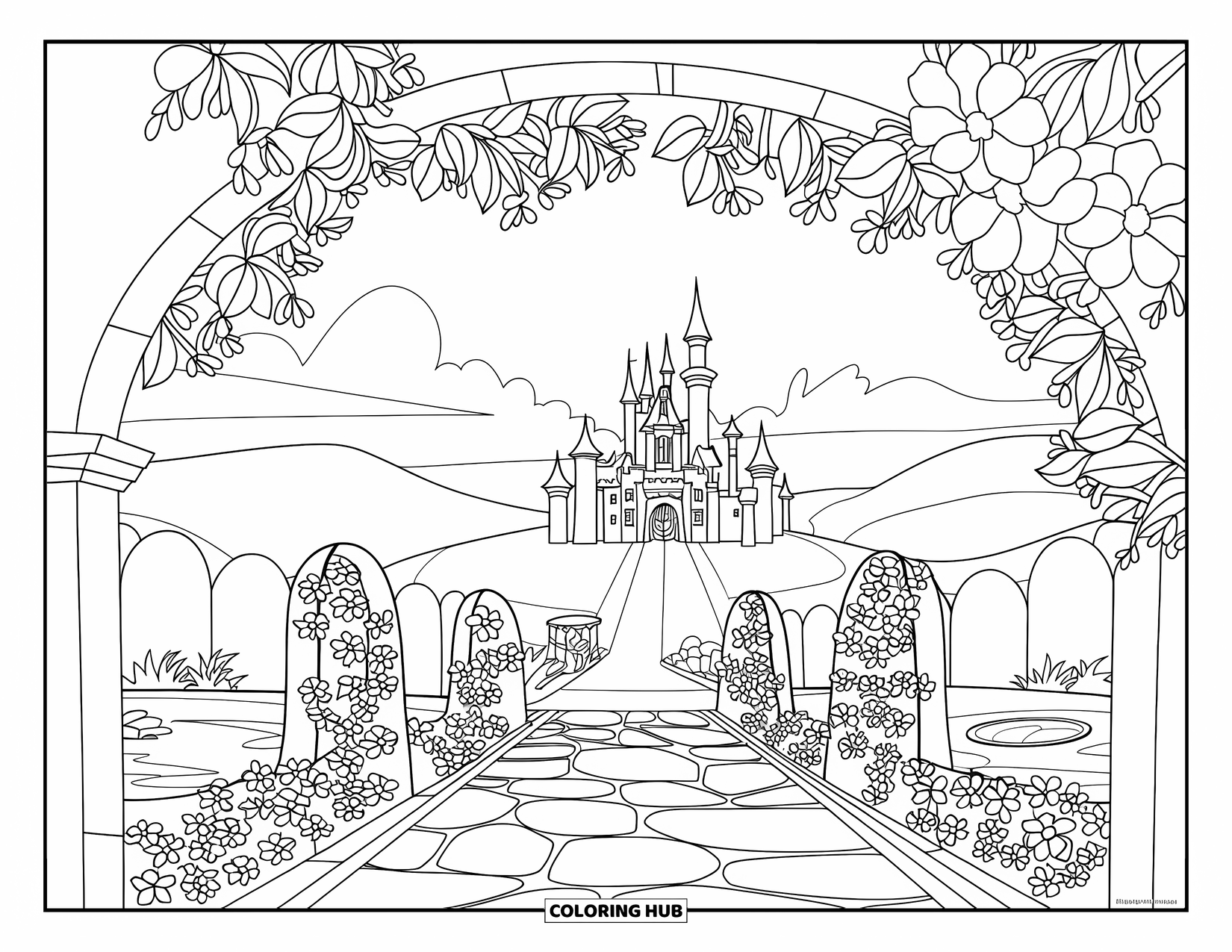Princess Castle Coloring Page for Kids: A castle on a hill is reached by a flower-lined trail