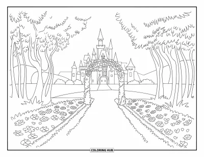 Coloriage de château de princesse pour enfants : Un château aperçu au-delà d'une arche de jardin et d'une allée herbeuse