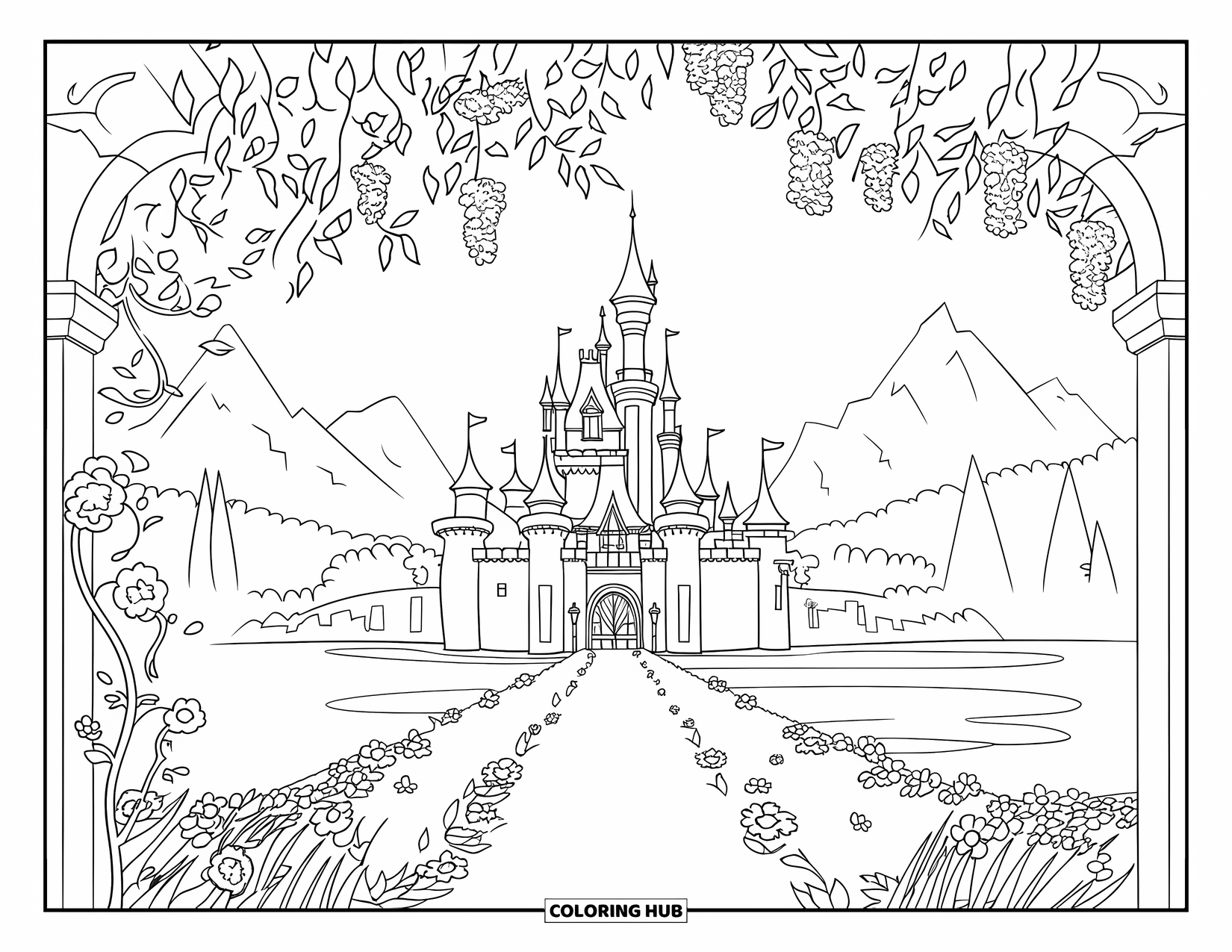 Princess Castle Coloring Page for Kids: A castle view framed by a garden arch and flower path