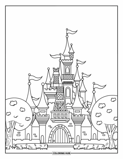 Coloriage de château de princesse pour enfants : Un château avec des portes en arcade, des drapeaux et des arbres ronds