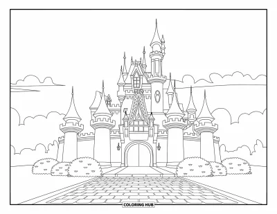 Coloriage de château de princesse pour enfants : Un château avec des balcons, des buissons et un chemin pavé