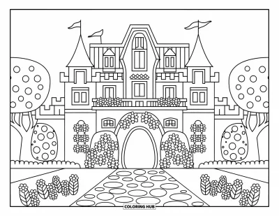 Coloriage de château de princesse pour enfants : Un château avec des balcons, des tours et une cour pavée