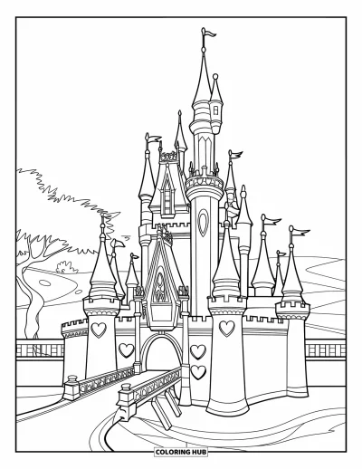 Coloriage de château de princesse pour enfants : Un château avec des bannières, des douves et un chemin de pierre
