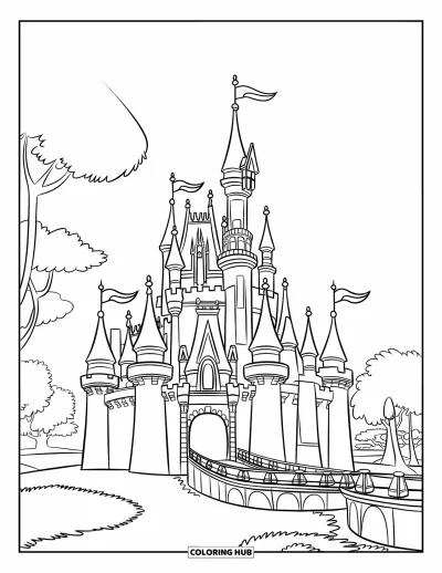 Coloriage de château de princesse pour enfants : Un château avec des drapeaux, des douves et de grands arbres