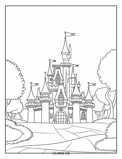 Coloriage de château de princesse pour enfants : Un château avec des drapeaux sur chaque flèche entouré d'arbres