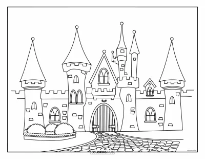 Coloriage de château de princesse pour enfants : Un château avec quatre tours et un sentier pavé